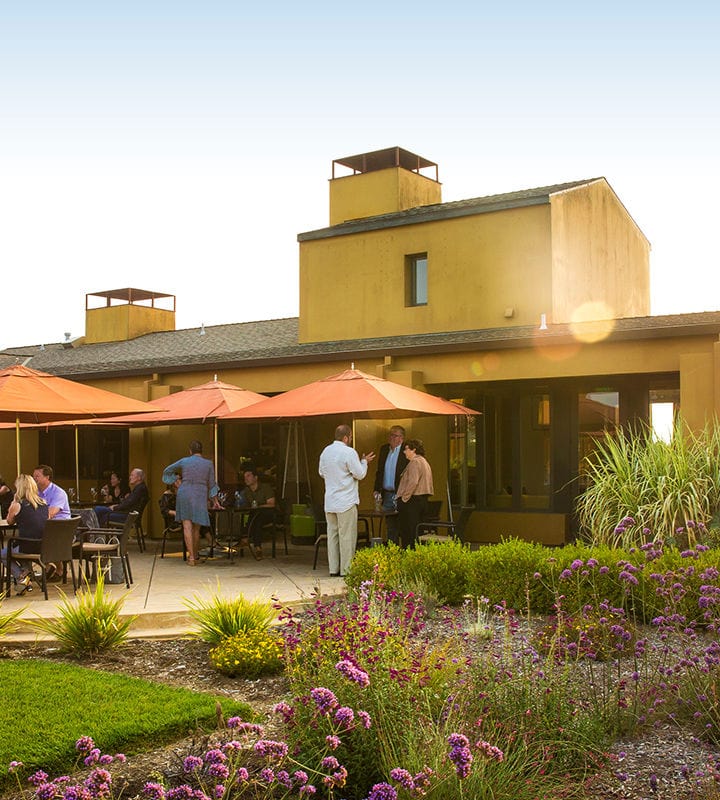A group of people engage in conversation and dine under orange umbrellas outside a modern, yellow building with clean lines and minimalist design. The patio is surrounded by lush greenery and vibrant purple flowers, with a well-manicured lawn in the foreground. The sky is clear and blue.