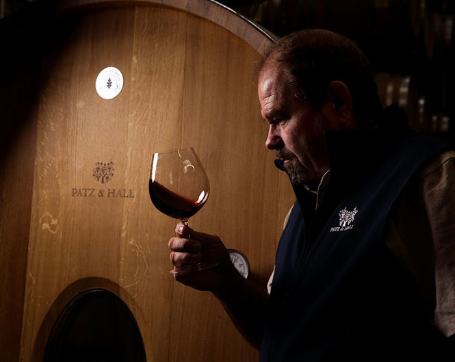 A man with light brown hair and a beard examines a glass of red wine against the dimly lit background of a wooden wine barrel. He is wearing a dark blue vest and a shirt. The barrel features the "PATZ & HALL" logo, with additional indistinct branding and gauges visible.
